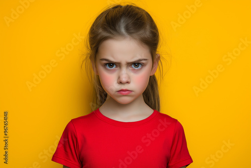 angry little girl on yellow background