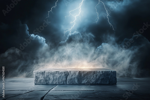 stone podium with lightning and clouds in the background
