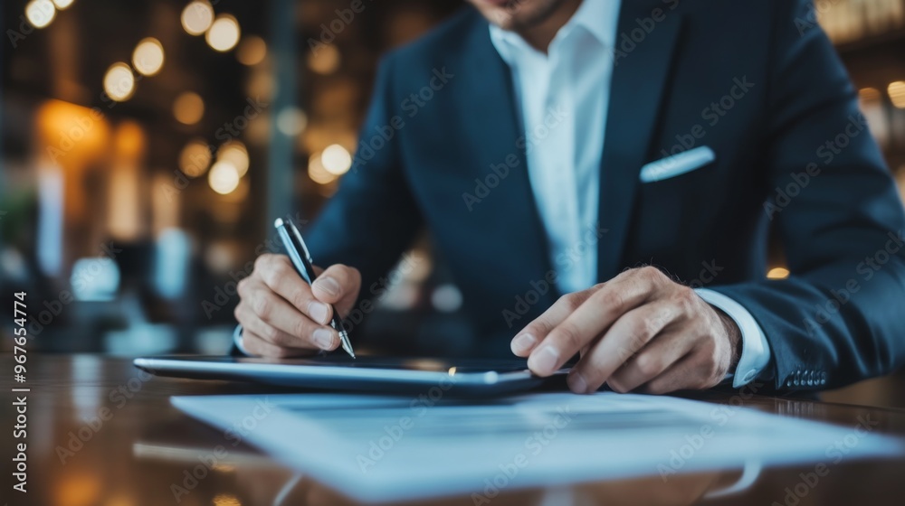 A young businessman making notes on a digital tablet, with a modern office environment featuring minimalist decor and a professional atmosphere. A young businessman making notes on a digital tablet, with a modern office environment featuring minimalist decor and a professional atmosphere.