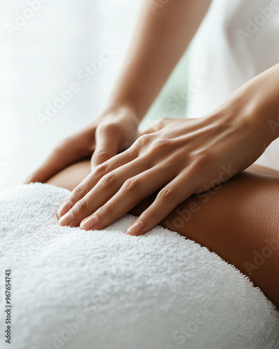 Relaxing massage therapy with gentle hands on a client's back, promoting wellness and tranquility in a serene environment.