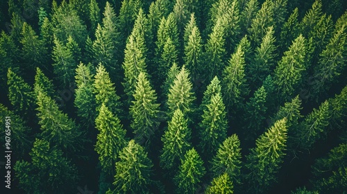 Aerial view of a lush green coniferous forest filled with tall trees.