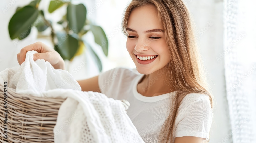 Attractive young woman doing laundry at home in a modern, organized space, showcasing a full-length view of daily household chores and the practical routine of home care and cleanliness Attractive young woman doing laundry at home in a modern, organized space, showcasing a full-length view of daily household chores and the practical routine of home care and cleanliness