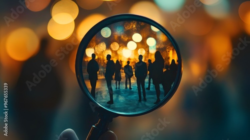 Wallpaper Mural A magnifying glass over an array of human figures, with some blurred and others more clearly defined, representing the concept of enhanced customer understanding in digital marketing Torontodigital.ca