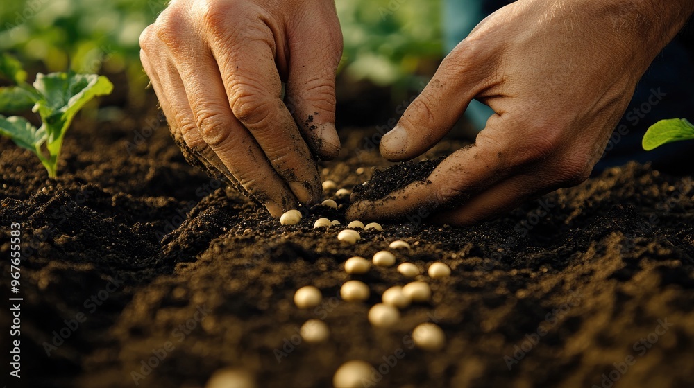 A pair of hands gently planting seeds in rich, dark soil, emphasizing the nurturing aspect of gardening. A pair of hands gently planting seeds in rich, dark soil, emphasizing the nurturing aspect of gardening.