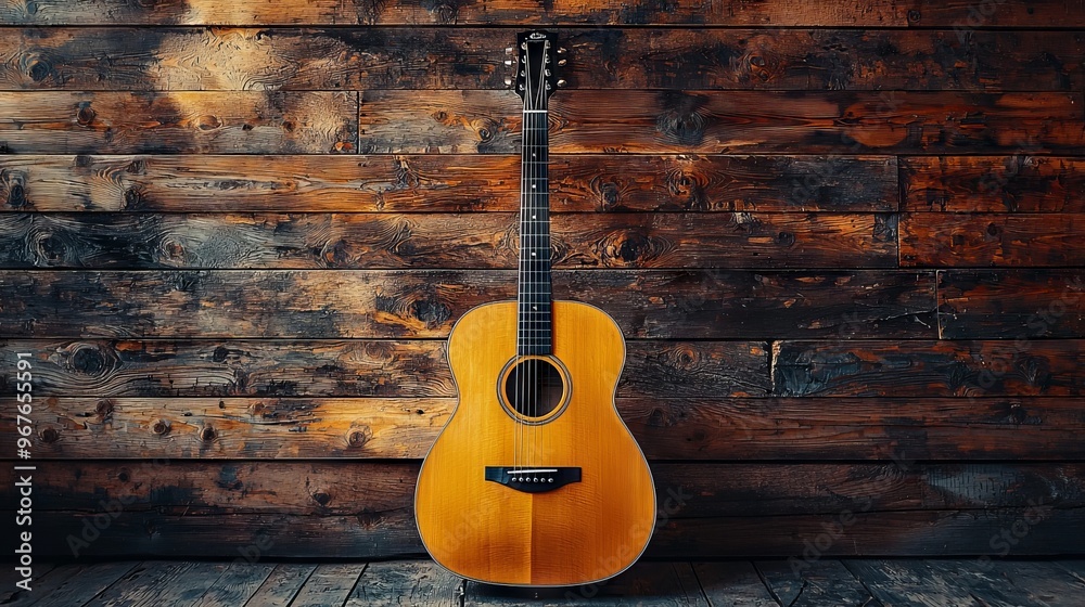Classic acoustic guitar leaning against a wooden wall in sunlight Classic acoustic guitar leaning against a wooden wall in sunlight