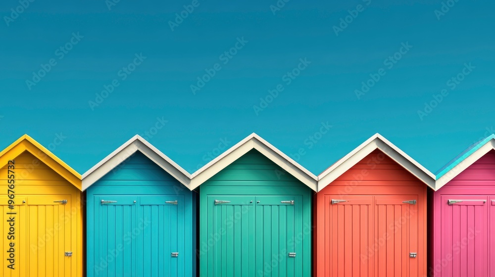 Fototapeta premium Colorful Beach Huts Against a Blue Sky