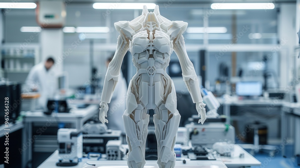A detailed humanoid skeleton model in a modern laboratory setting, showcasing advanced anatomy and medical research. A detailed humanoid skeleton model in a modern laboratory setting, showcasing advanced anatomy and medical research.