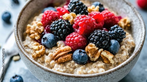 Bowl of oatmeal topped with berries and walnuts, a nutrient-dense breakfast for brain nourishment. photo