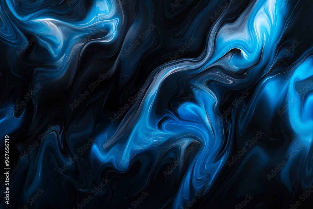 The image is a blue and black abstract painting with a lot of swirls and patterns. The blue and black colors create a mood of calmness and serenity The image is a blue and black abstract painting with a lot of swirls and patterns. The blue and black colors create a mood of calmness and serenity