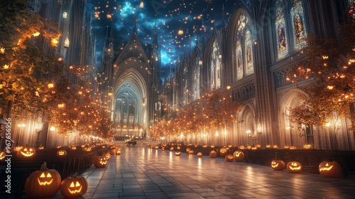 Halloween symphony in a gothic cathedral musicians in dark cloaks