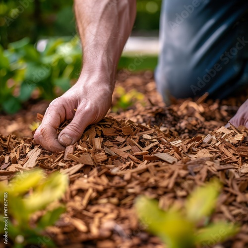 Person applying mulch to a garden bed during a sunny day, enhancing soil moisture and suppressing weeds for a healthy growing environment photo