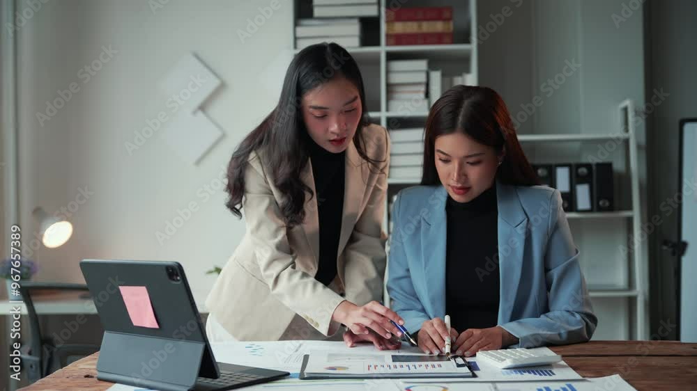 Businesswomen collaboratively reviewing financial data and charts. Focused and engaged in team discussion with digital device at hand