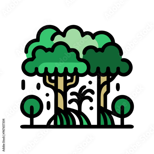 Colorful illustration of two large trees with greenery and rainfall

