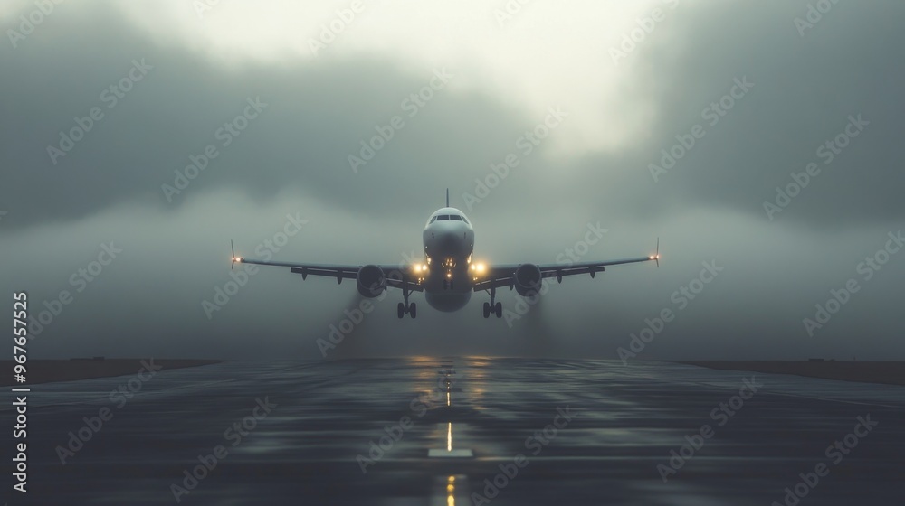 An airplane lifting off from a foggy runway, with the mist and clouds partially obscuring the aircraft, adding a dramatic effect to the scene. An airplane lifting off from a foggy runway, with the mist and clouds partially obscuring the aircraft, adding a dramatic effect to the scene.