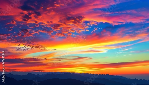 The sun sets in the west, the sky is decorated with colorful sunset lights, and the blurred mountain shadows appear peaceful and elegant against the backdrop of the colors.