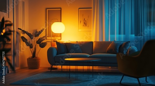 Living room interior with lights on at night