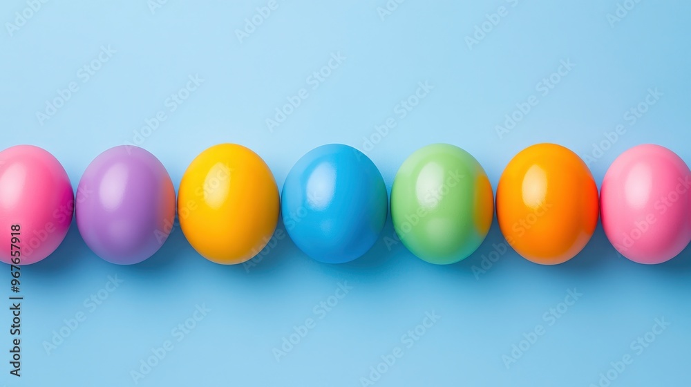 Colorful Easter Eggs in a Row on Blue Background Colorful Easter Eggs in a Row on Blue Background