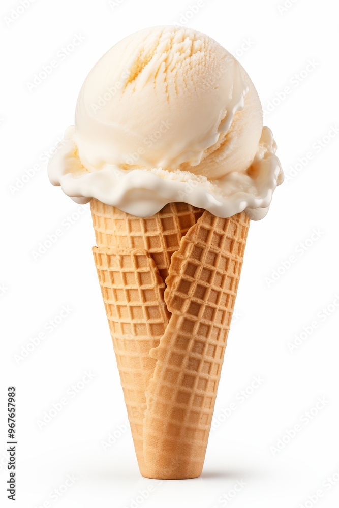 Creamy vanilla ice cream scoop on a waffle cone against a plain background Creamy vanilla ice cream scoop on a waffle cone against a plain background