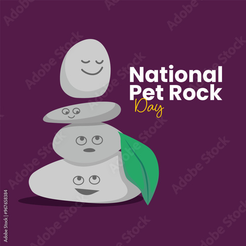 National Pet Rock Day. Illustration of Pet Rocks and leaf.