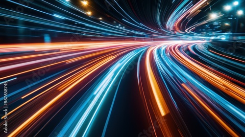 A dynamic blur of colorful light trails on a road, suggesting speed and motion.