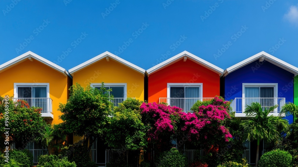 Row of Colorful Houses with Lush Greenery Row of Colorful Houses with Lush Greenery