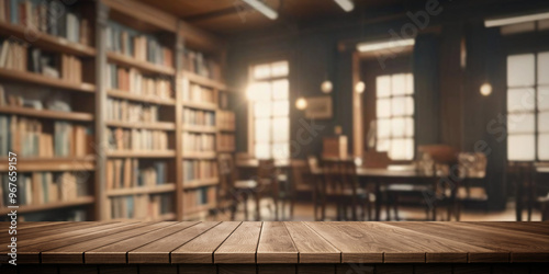 Colorful wooden platform indoor: bookstore or library.