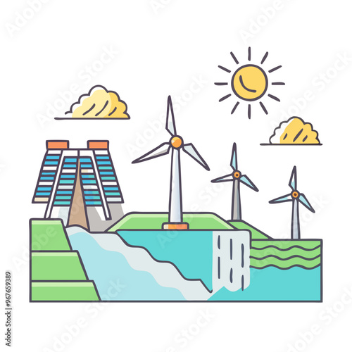 Renewable energy landscape icon, wind and hydro power, clean energy

