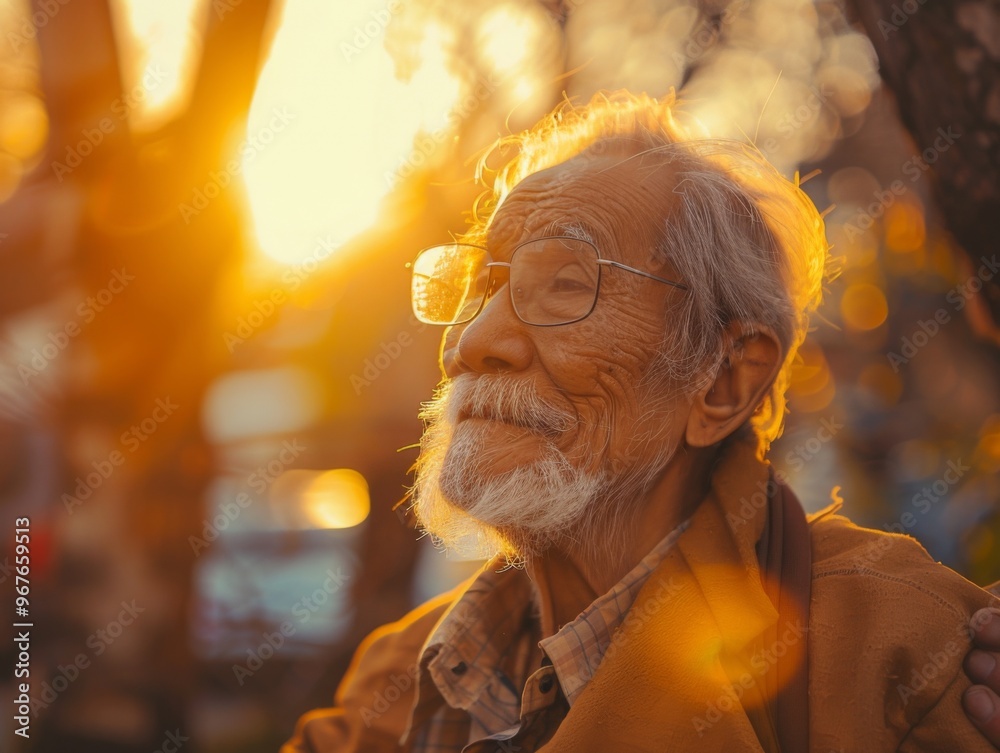 An elderly man enjoying a serene moment outdoors at sunset, surrounded by nature's beauty, radiating calmness and appreciation for life in a warm, golden evening light An elderly man enjoying a serene moment outdoors at sunset, surrounded by nature's beauty, radiating calmness and appreciation for life in a warm, golden evening light