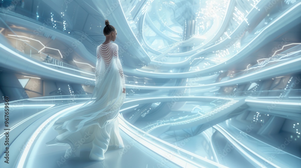 A futuristic scene featuring a woman in a flowing dress, surrounded by luminous architecture and vibrant light patterns. A futuristic scene featuring a woman in a flowing dress, surrounded by luminous architecture and vibrant light patterns.
