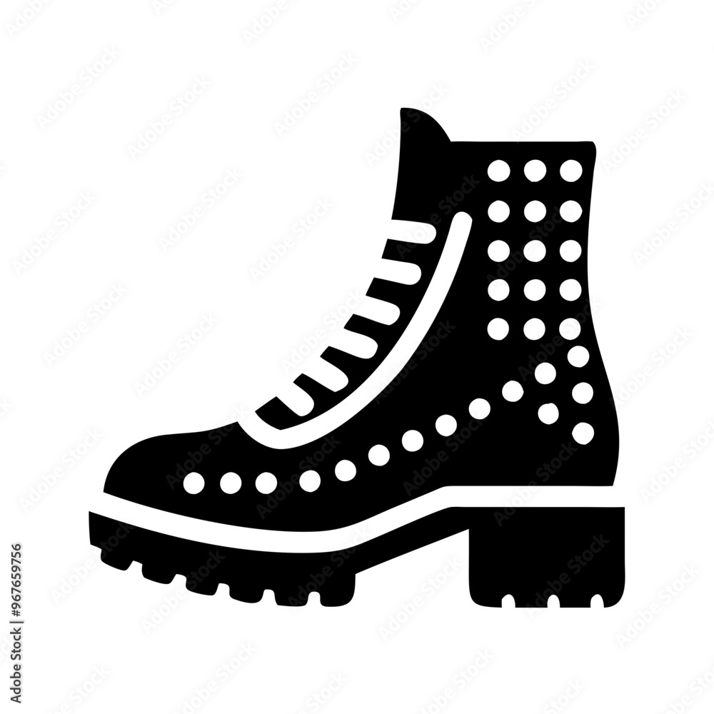 Black studded combat boot icon with chunky heel on white background Black studded combat boot icon with chunky heel on white background