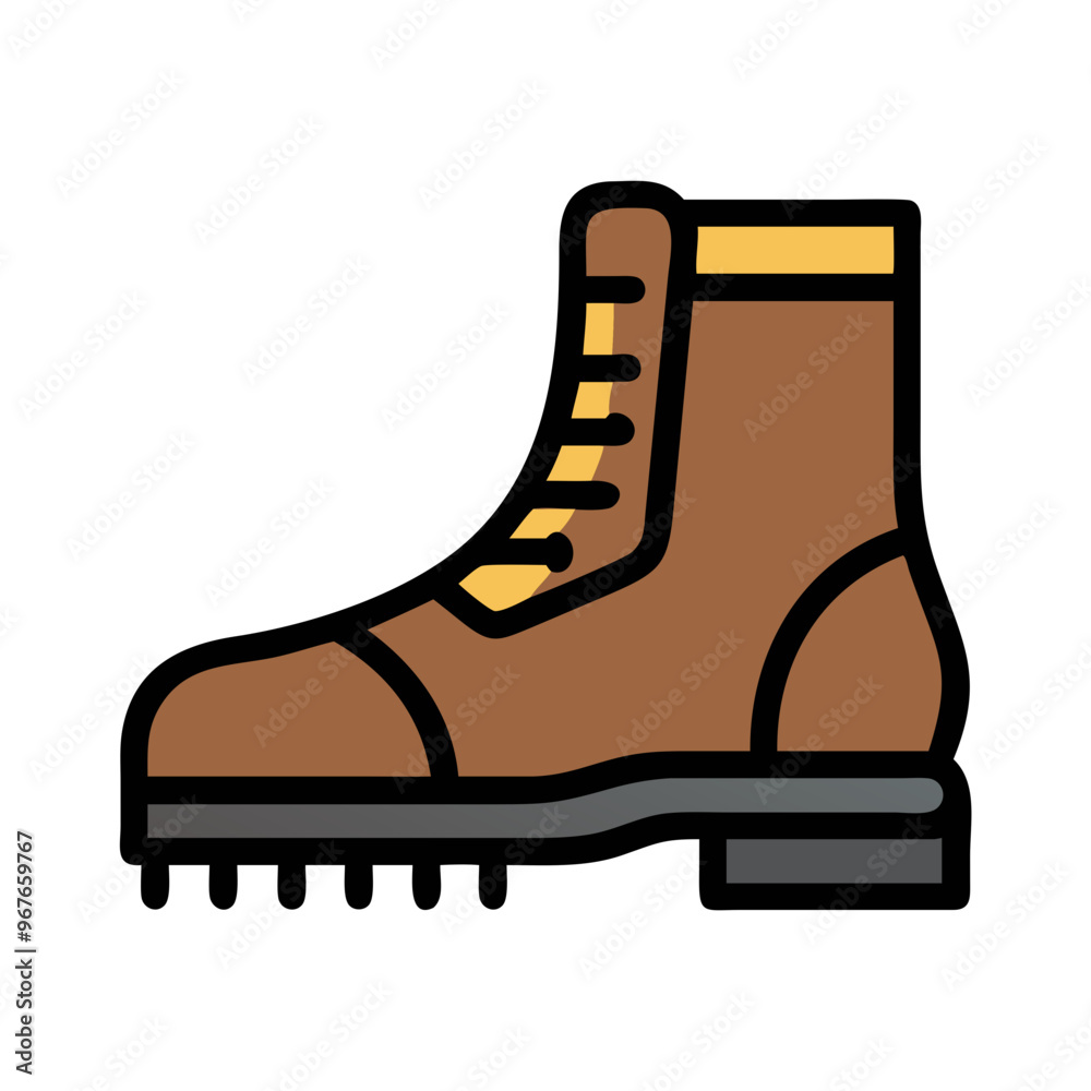 Brown hiking boot icon with black sole and yellow laces Brown hiking boot icon with black sole and yellow laces