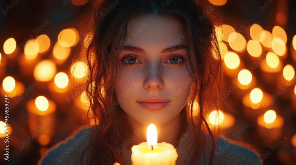 A young woman holding a candle amidst a sea of flickering lights at dusk. A young woman holding a candle amidst a sea of flickering lights at dusk.