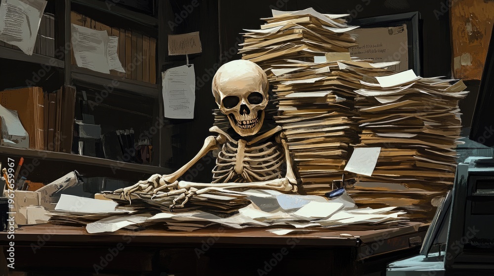 A skeleton hunched over a desk, buried under towering stacks of paperwork, symbolizing overwhelming workload. A skeleton hunched over a desk, buried under towering stacks of paperwork, symbolizing overwhelming workload.
