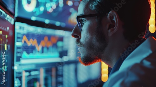 A data analyst carefully examines complex financial graphs and charts on multiple screens during a late-night review in a modern office environment