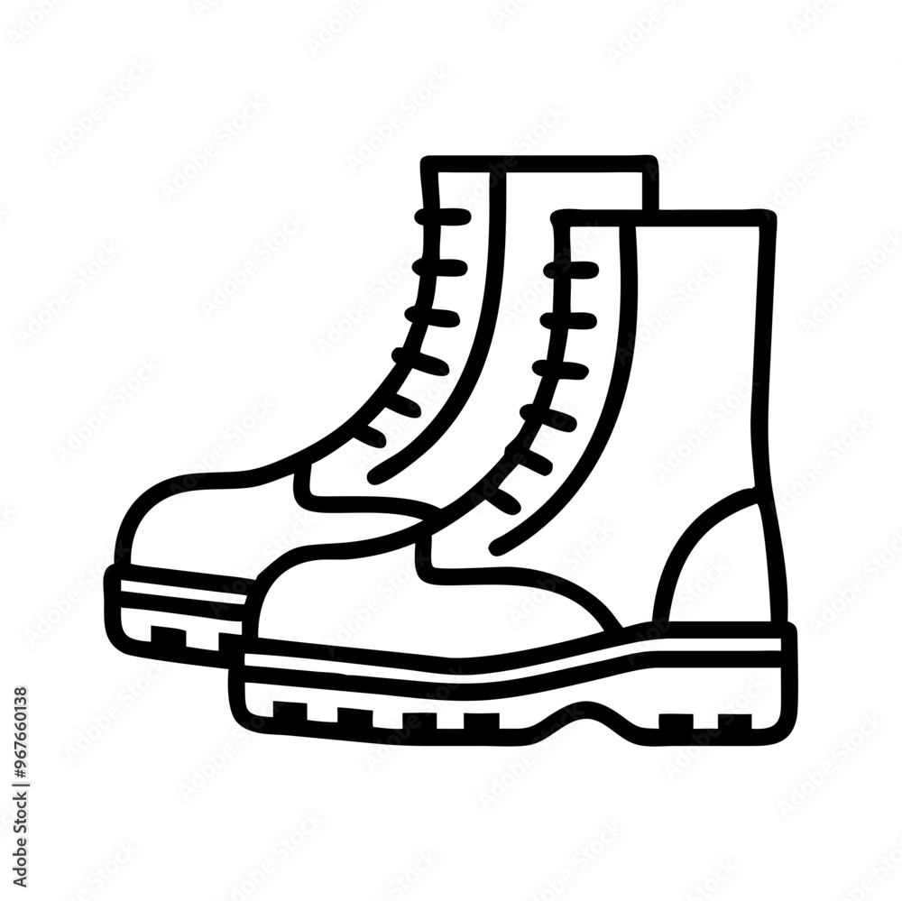 Black outline pair of combat boots, rugged and functional design
Black outline pair of combat boots, rugged and functional design