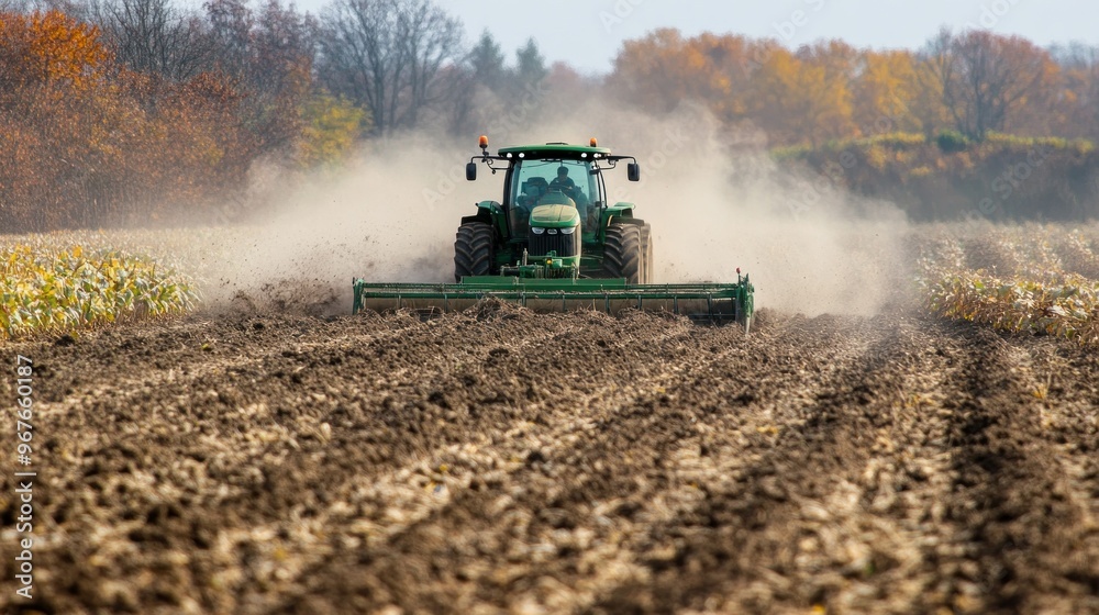 A tractor plowing a field, creating dust in an agricultural landscape.
