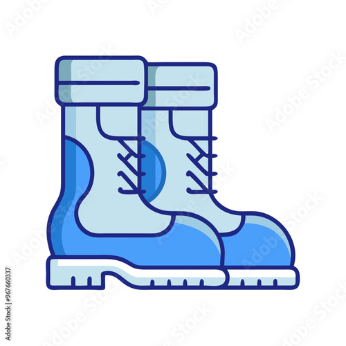 Blue and white winter boots illustration, cold weather gear, side view
