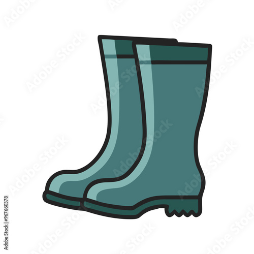 Green rubber boots illustration, flat design, rain gear

