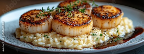 Savoring perfectly seared scallops atop creamy risotto in an elegant dining setting.