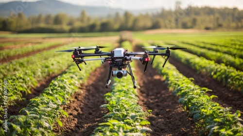 A drone flies over a field of green crops, capturing data and providing precision agriculture.