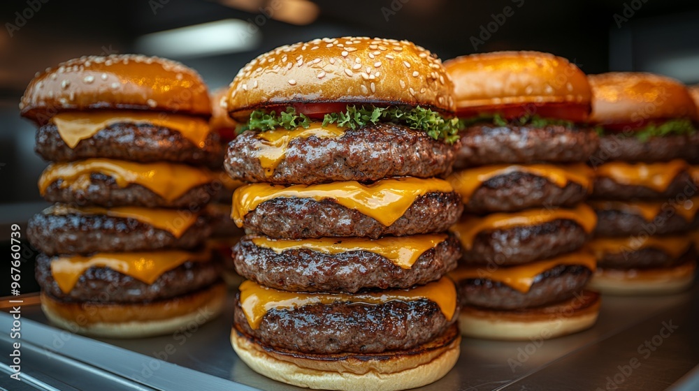 A towering cheeseburger with multiple beef patties, melted cheese, and fresh ingredients, served in a fast-food restaurant setting during lunchtime A towering cheeseburger with multiple beef patties, melted cheese, and fresh ingredients, served in a fast-food restaurant setting during lunchtime