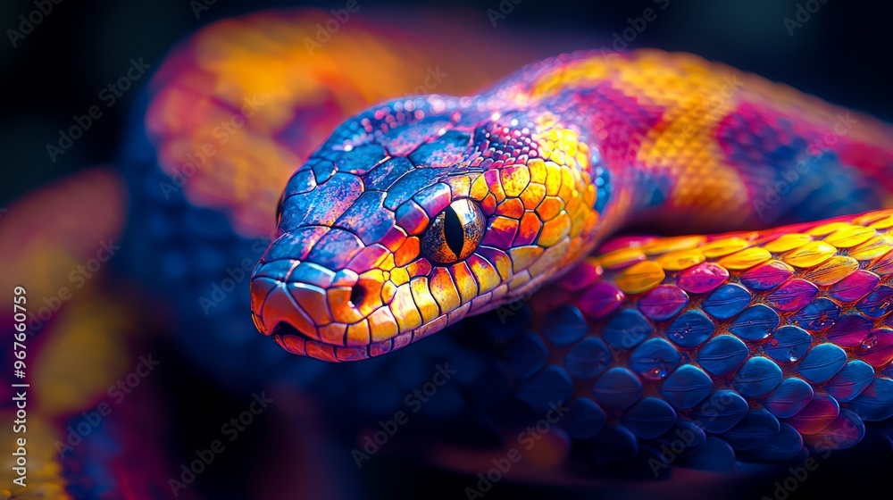 Close-up of a colorful snake with vibrant scales against a dark background Close-up of a colorful snake with vibrant scales against a dark background