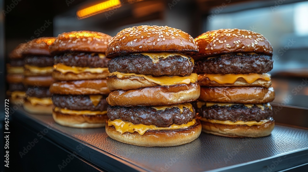 Stack of ready-to-serve burgers in a food truck. Stack of ready-to-serve burgers in a food truck.