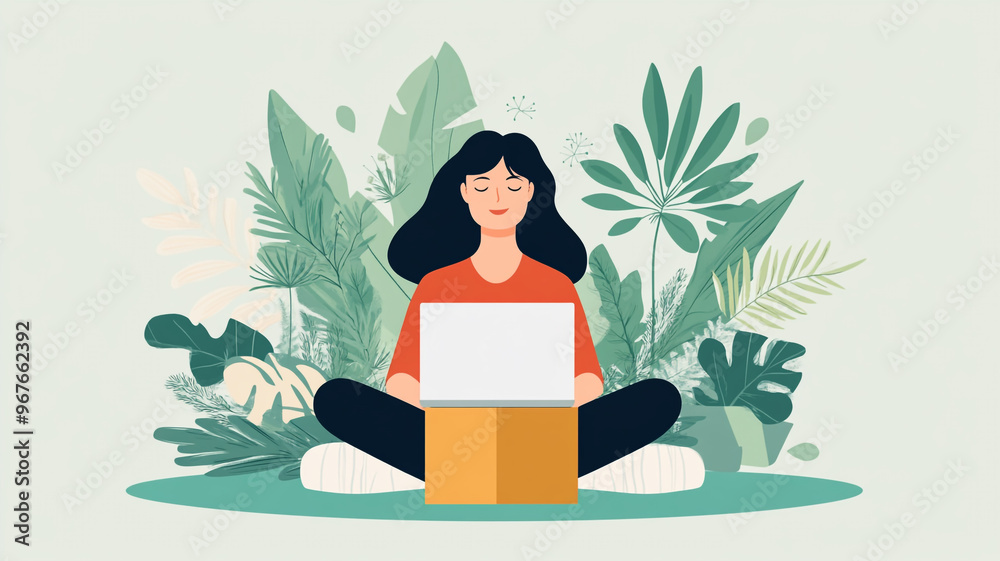 A woman working on her laptop while surrounded by lush greenery indoors in a serene environment A woman working on her laptop while surrounded by lush greenery indoors in a serene environment