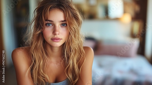 Beautiful Woman with Long Blonde Hair Looking at the Camera
