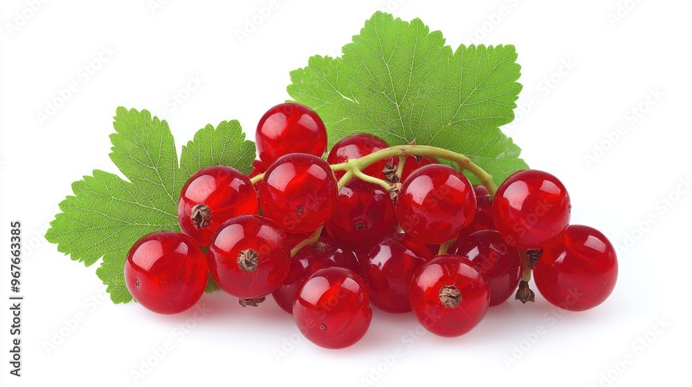 Cluster of red currants with green leaves, isolated on white background. Cluster of red currants with green leaves, isolated on white background.