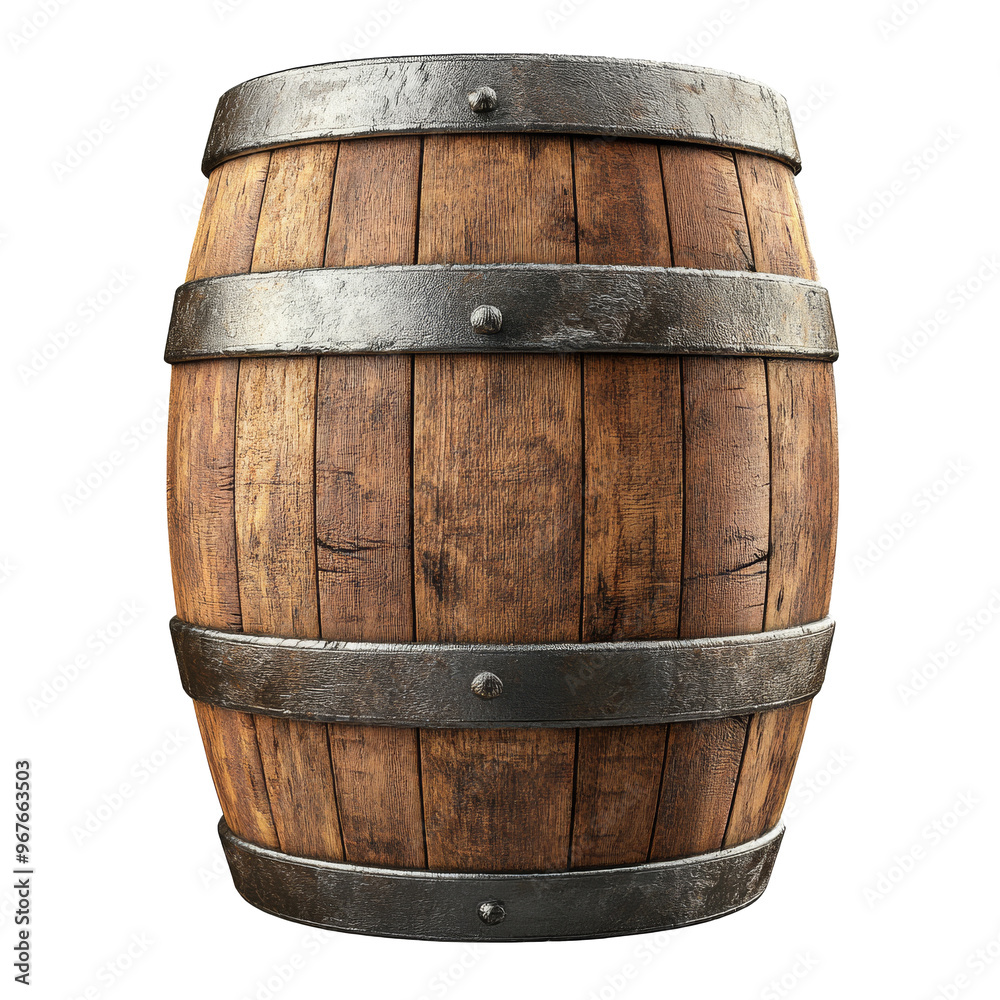 Wooden barrel with metal bands in rustic style, cut out transparent Wooden barrel with metal bands in rustic style, cut out transparent