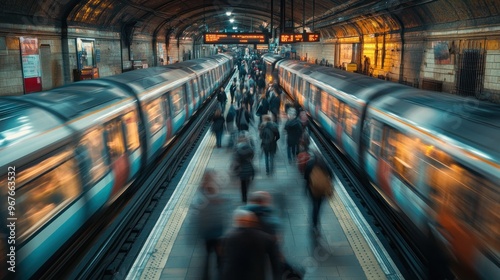 A bustling subway station with commuters and trains in motion.