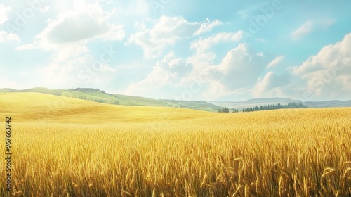 golden wheat field across a wide summer landscape, scenic rural view of nature and farming crops ready for harvest photo