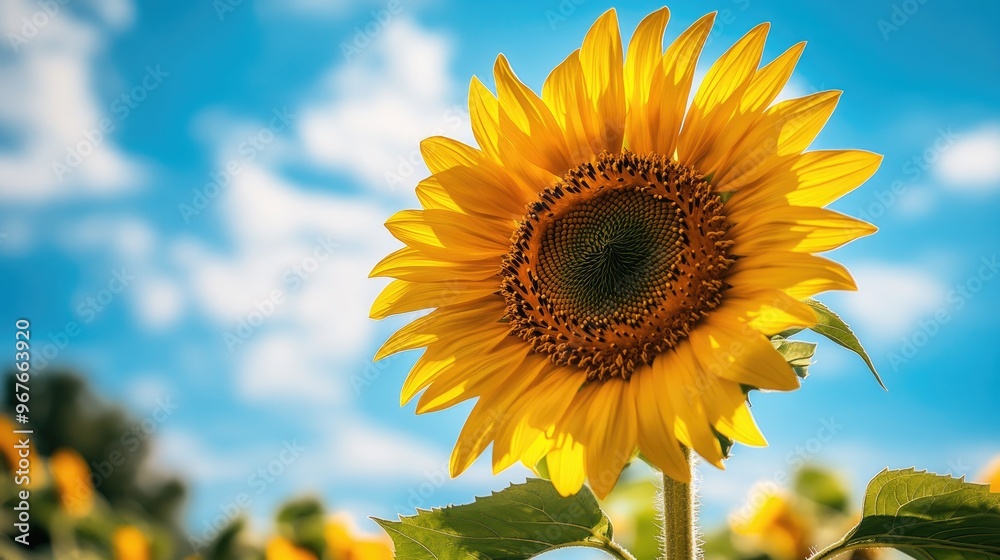 Fototapeta premium A vibrant, blooming sunflower with its large, yellow petals and dark center, set against a bright blue sky.